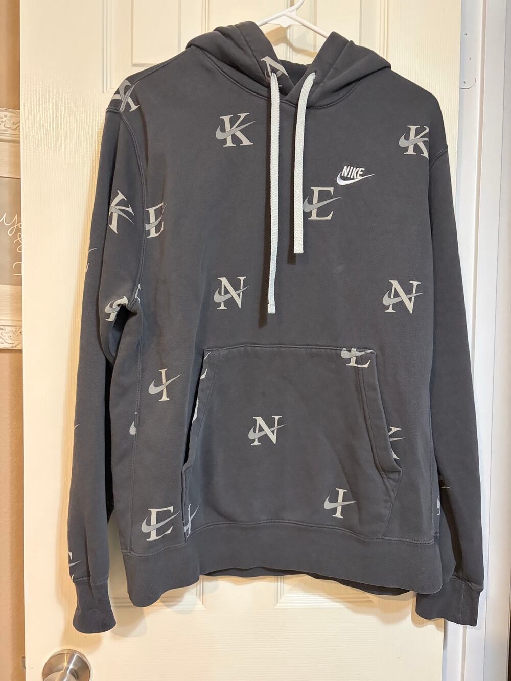 Nike Sportswear NSW All Over Logo Print Pullover Hoodie Gray M Fleece Sweatshirt